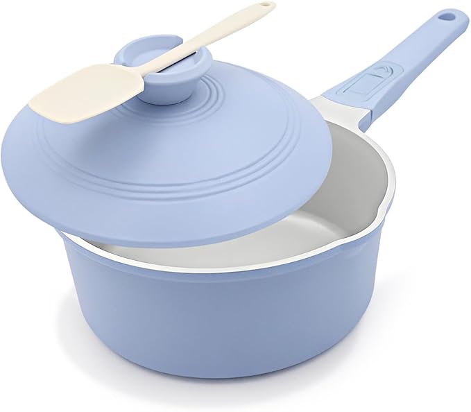 Ceramic Saucepan with Lid, 2.5 Quart Small Cooking Pot, Sauce Pan Nonstick with Pour Spout, Milk Pan with Detachable Handle, Induction Pot, Oven Safe, PFOA Free, Blue