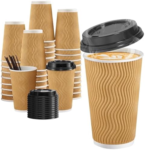SIUQ 90 Pack 16 oz Disposable Coffee Cups with Lids and Straws - Champagne