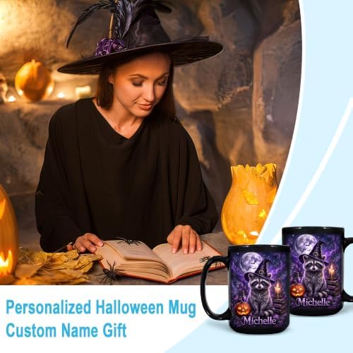 Hyturtle Personalized Halloween Raccoon Mug, Custom Name Gift for Women
