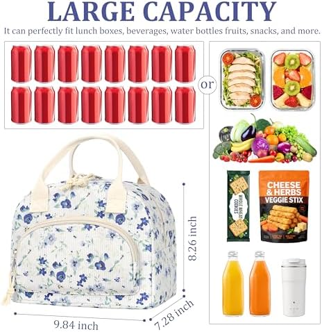 TESAFNG Lunch Bag - Insulated Lunch Box for Women, Reusable Large Capacity Cooler Bag for Adult, Small Leakproof Cute Corduroy Lunch Tote for Work Office Travel Picnic (Blue Flower)