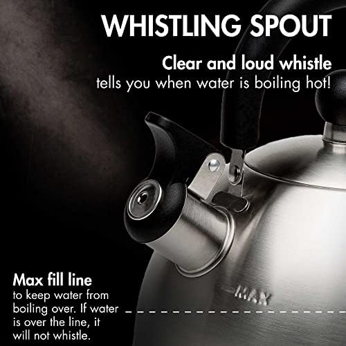 Primula Stewart Whistling Tea Kettle for Stovetop, Stainless Steel Stove Top Kettle with Fast Boil Whistling Spout and Cool Touch Folding Handle, 1.5-Quart, Brushed Silver with Black Handle