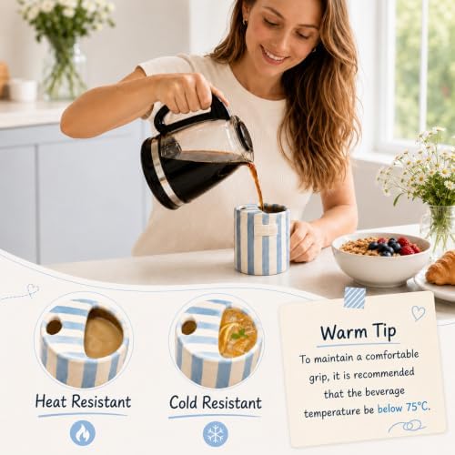 Ceramic Coffee Mug with Sip Hole 12oz, To Go Ceramic Mug Striped