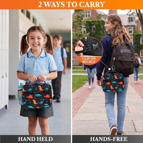 opux Insulated Lunch Bag for Kids, Reusable Lunch Box for School, Dinosaur