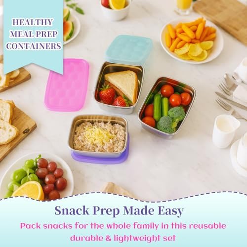 Tanjiae 3-Pack Stainless Steel Snack Containers for Kids & Toddlers - 550ml (18oz) Leakproof Reusable Food Containers with LFGB Certified Lids | Stackable Metal Lunch Box for Daycare, School, Travel