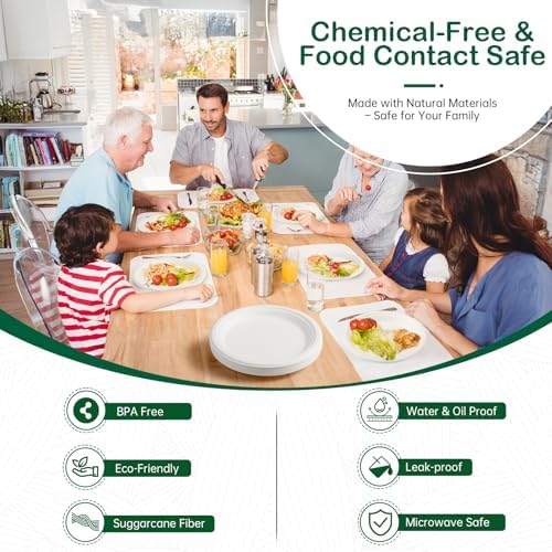7 Inch 128 Pack Compostable Disposable Paper Plates, Heavy Duty Sugarcane Bagasse Plates, Biodegradable Eco-Friendly for Snacks & Parties, Unbleached White