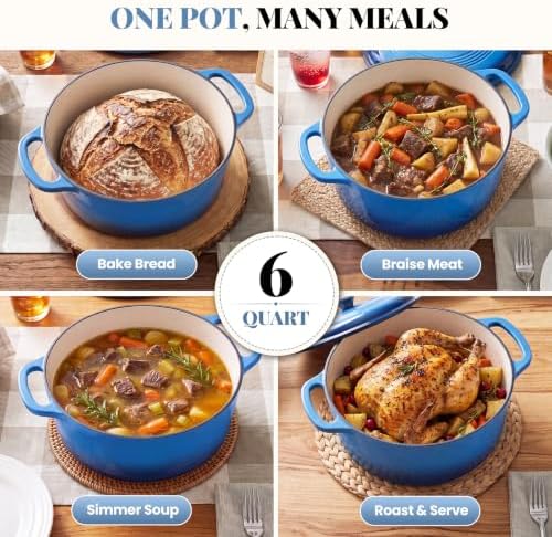 DUMOS Cast Iron Dutch Oven, 6 Quart Pot with Lid, Enameled Heavy Duty Cookware, Oven Safe to 500°F, Perfect for Bread Baking, Stews and Roasting, Moisture Sealing Lid with Dual Handles, Gradient Blue