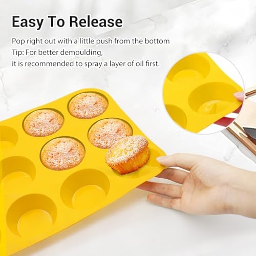 Redfly 2 Pack Silicone Muffin Pans for Baking & Cupcake Pan - 12 Cup Regular Size Silicone Molds, BPA Free Egg Bites Mold,Yellow