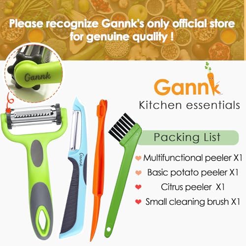 GANNK Potato Apple Vegetable Peelers for Kitchen, I and Y Peelers for Fruit Veggie Potatoes Carrot Cucumber, 3 in 1 Blade Spin Design With Julienne Multifunctional