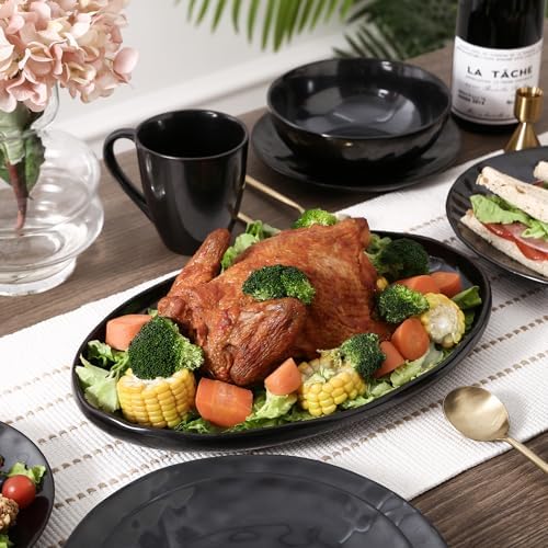 vicrays Serving Platter Ceramic Tray Plates Extra Large Oval 14.5 Inch Porcelain Dinner Plates Long Serving Dish Set Entertaining Party Restaurant Food Meat Sushi Fish Turkey Platter - Black