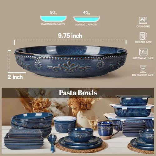 Artena Pasta Bowls, 50oz Large Salad Serving Bowls, 9.75'' Plates Bowls Set of 4, Big Ceramic Soup Bowls for Kitchen, Embossment Shallow Dinner Bowl, Microwave Dishwasher Safe, Multiple Patterns, Blue