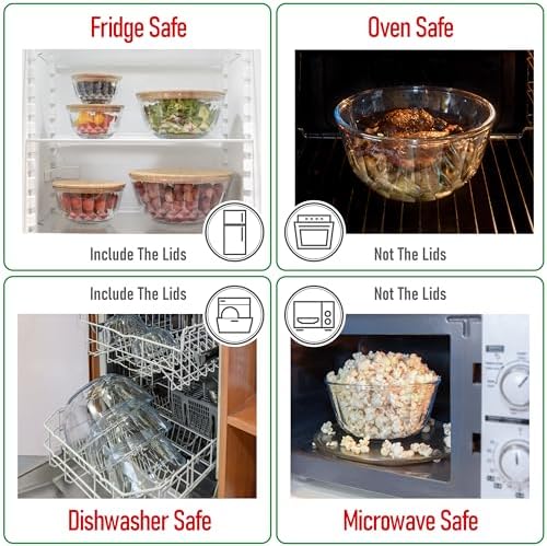 Large Stackable Glass Mixing Bowls with Bamboo Lids Set of 5