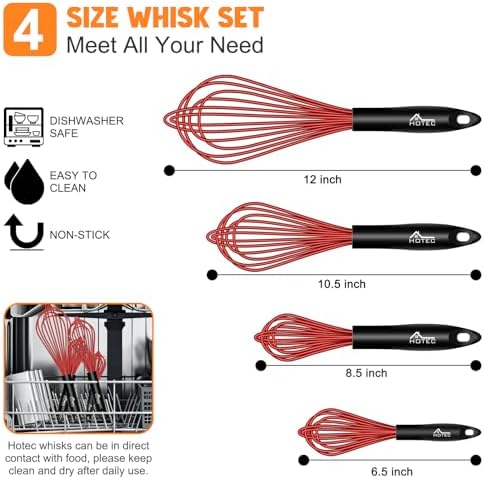 HOTEC 4 Pieces Silicone Whisks Set, Wire Balloon Whisks for cooking Egg Beater, Non-slip Handle Whisk for Non-stick Cookware Perfect for Cooking, Stirring, Beating and Blending,Red