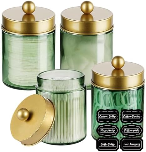 Amolliar Glass Apothecary Jar Qtip Holder Metal Lids 4pc/Green-golden