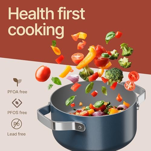 Bakken 3 Quart Ceramic Coated Stock Pot with Lid, Easy to Clean Nonstick Pot, Tempered Glass Lid, Riveted Stainless Steel Handles, Oven Safe Up To 500°F, PTFE & PFAS Free, All Stove Compatible, Blue