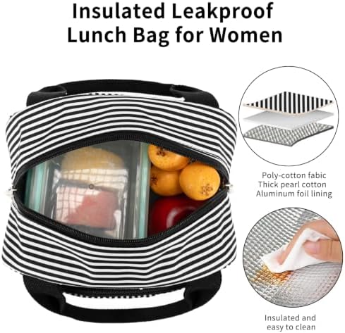 Lunch Bag Women Lunch Box for Women Adult Cute Insulated Lunch Bag Small Cooler Lunch Tote Bags for Work Picnic Travel (Black Stripes)