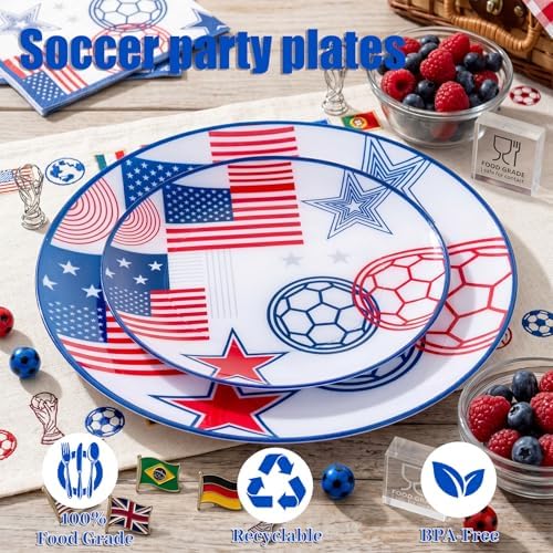 I00000 20 Red and Blue Plastic Soccer Plates, Disposable Plates for Party