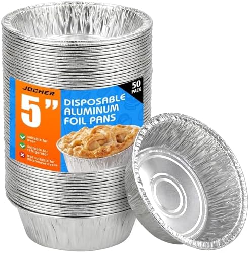 50 Pack Mini Pie Pans, 5in Pie Tins, Disposable Aluminum Round Foil Tart, Aluminum Foil Pans, Easily Stack & Store for Baking, Cooking, Storage or Reheating