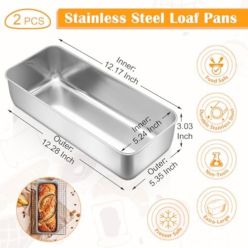E-far Loaf Pan for Homemade Bread, 12” x 5” Stainless Steel Loaf Pans, 2PCS