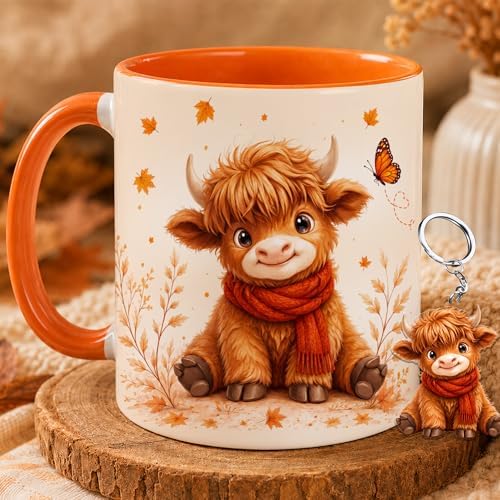 Hyturtle Highland Cow Coffee Mug, Cute Fall Maple Leaf Gift For Cow Lovers