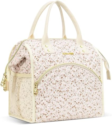 LOKASS Insulated Lunch Bag Women- Reusable 10 L Lunch Box for Women - Leakproof Tote Cooler Bag for Adults Work, Beach, Travel, Picnic （White Small Florals）
