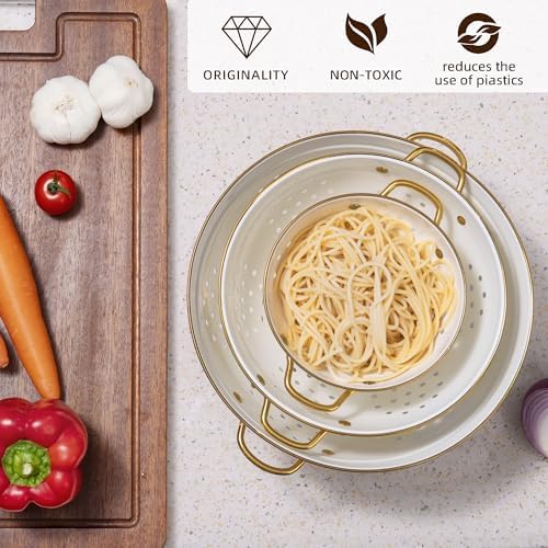 Metal Colander Set of 3, Strainer Basket with Handles perfect for Spaghetti, Pasta, Berry, Vegetable, Fruit, Solid Base Powder Coated Kitchen Essential Strainer Set, 1 & 3.5 & 5 Qt (Cream)