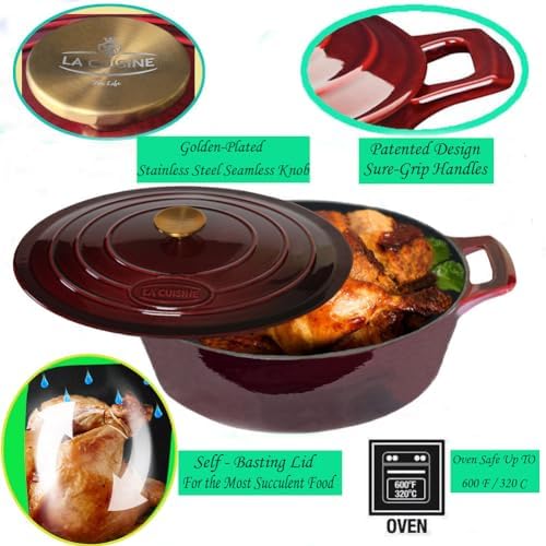 La Cuisine Enameled Cast Iron Oval Dutch Oven Casserole Dish Pot with Lid 5 QT Internal Matt Black Enamel Coating, Cranberry, Gold-Plated Stainless Steel Lid Handle, Oven Safe