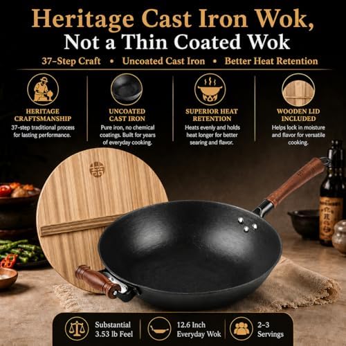 WANGYUANJI 12.6 Inch Cast Iron Wok with Wooden Lid, Handcrafted Flat Bottom Chinese Stir Fry Pan, Uncoated Heavy-Duty Iron Wok for Induction, Gas, Electric & Ceramic Stoves