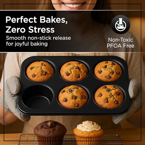 Wrenbury Jumbo Muffin Pan 6 Cup Set of 2 - Nonstick XL Deep Muffin Pan for Baking 3.75" Cup - Big Cup Tin - Oversized Extra Large Cupcake Mold - PTFE Free