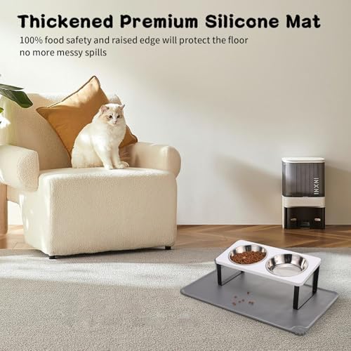 Summark Upgraded Elevated Cat Bowls with Food Mat,15°Tilted Stand Anti Vomiting Raised Cat Dishes for Food and Water,2 Stainless Steel Bowls for Cats and Puppy（White）