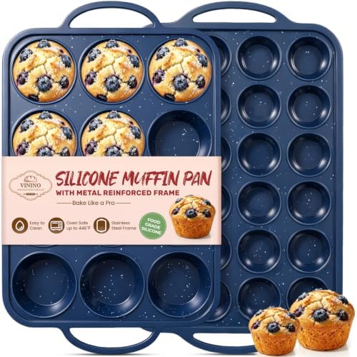 Vinino Silicone Muffin Pan Set, 12 & 24 Cup with Stainless Steel Frame-Blue