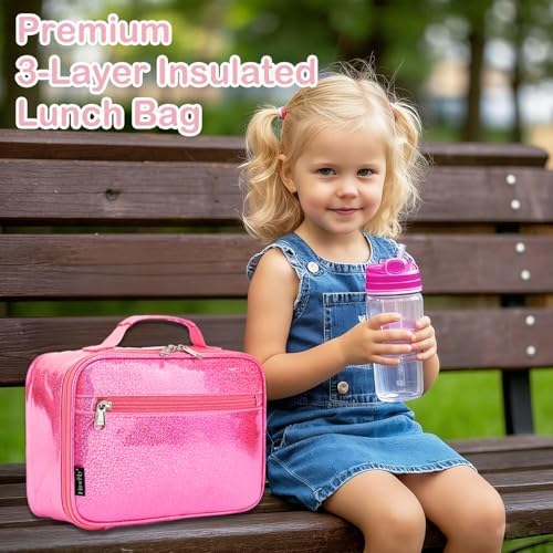 FlowFly Kids Lunch box Insulated Soft Bag Mini Cooler Back to School Thermal Meal Tote Kit for Girls, Boys,Pink