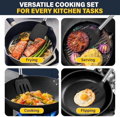 Silicone Spatula Set, Heat Resistant Fish Spatula, Solid & Slotted Turner for Non-Stick Pans, Silicone Cooking Utensils, BPA-Free, Flexible Kitchen Spatula for Flipping Eggs, Burgers, Black, 3 PCS-B