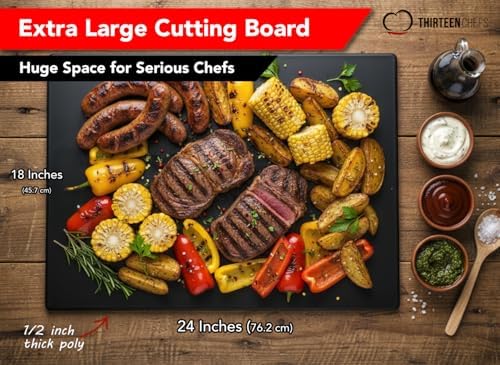 Thirteen Chefs Extra Large 24 x 18 Black Cutting Board - 1/2" Thick HDPE Plastic for Restaurants and Professional Kitchens