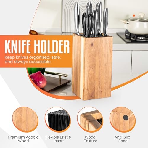Acacia Wood Angled Knife Block with Multi-Purpose Holder – Universal Kitchen Knife Storage with Removable Bristle Insert (Honey brown, regular medium)