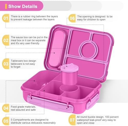 Amathley Bento Box Adult Lunch Box Kids,Lunch Containers for Adults/Kids/Toddler,5 Compartments Bento Lunch Box with Sauce Vontainers,Microwave & Dishwasher & Freezer Safe,BPA-Free (Red lily)