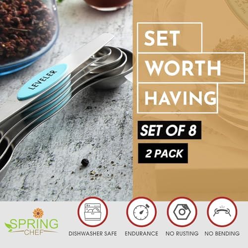 Spring Chef Stainless Steel 8 Magnetic Measuring Spoons, 2 Pack, Aqua Sky