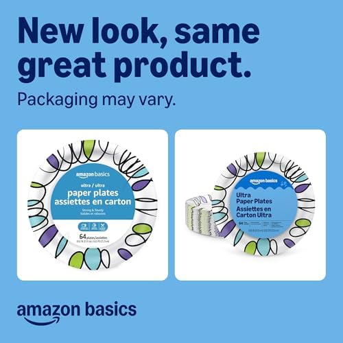 Amazon Basics Ultra Paper Plates, 8.62 Inch, Disposable, 64 Count, Packaging May Vary