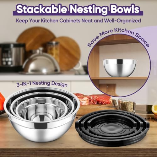 Herogo Stainless Steel Mixing Bowls with Lids Set of 3, 1.5/3/4.6Qt, Black
