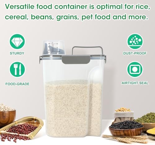 TBMax Airtight Rice Container 10 Lbs, Cereal Dispenser, Pet Cat Dog Food Storage Container, Plastic Kitchen Pantry Food Storage Holder with Cup -Dark Grey