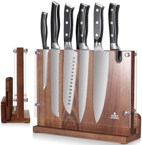 ENOKING Magnetic Knife Block 12.2 x 9.3", Double Sided Magnetic Knife Holde with Knife Sharpener, Acacia Wood Magnetic Knife Stand with Acrylic Shield for Kitchen Countertop