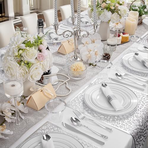 WDF Partyware 175PCS Sliver Plastic Plates - Silver Plates Disposable - White Plate with Silver Trim 25Guests Plastic Dinnerware Sets with Rolled Napkins for Wedding Baby Shower Spring Birthday