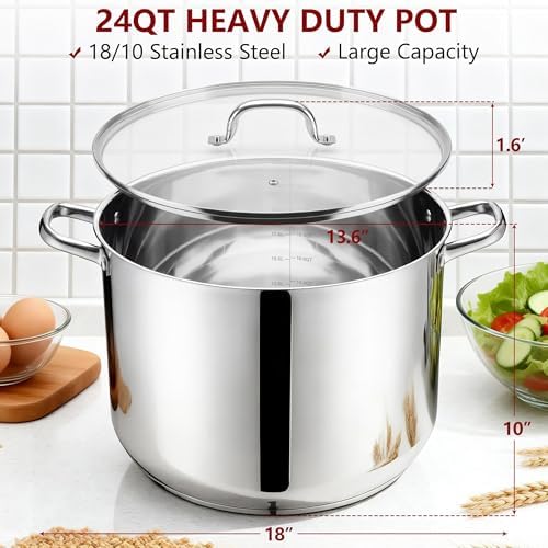 Herogo 24-Quart 18/10 Stainless Steel Stock Pot with Lid, Large Heavy Duty Soup Pot Compatible with Electric, Gas, Induction and Gas Cooktops, Non-Toxic & Corrosion Resistant, Dishwasher Safe