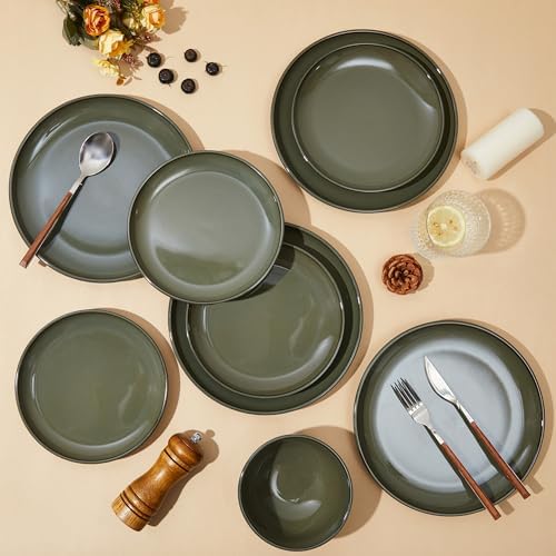 Pokini Stoneware Dinnerware Sets for 4, 12pcs Plates and Bowls Sets Dishes