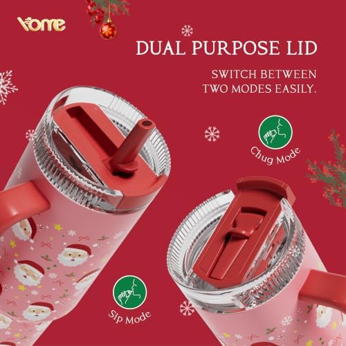 YOME DetaClean 40oz Christmas Tumbler with Handle and Flip Straw for Women | 100% Disassemblable Lid | Stainless Steel Insulated Water Bottle | 100% Leak Proof | Keeps Drinks Cold