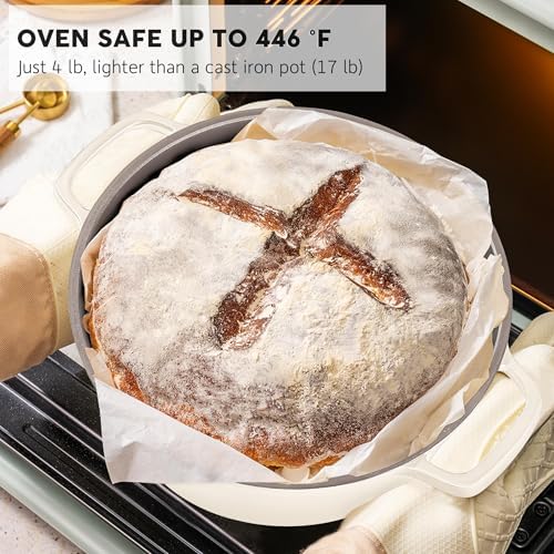 Large Dutch Oven Pot with Lid-7.5QT Cast Aluminum Oven Pot with Two Handles Lightweight for Bread Baking Braising and Roasting(Beige)
