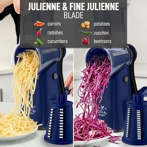 Rotary Cheese Grater Manual Hand Crank 5 Blade Shredder, Sapphire