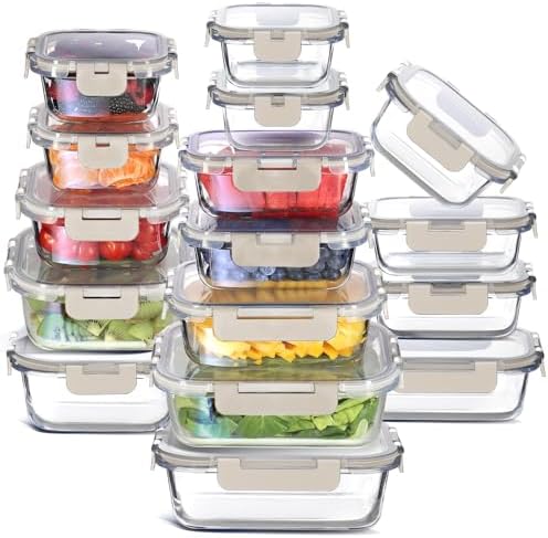 EATEX 32pc Glass Storage Containers with Lids, 16 Glass Food Storage Containers with 16 Airtight Lids for Pantry & Kitchen, Meal Prep Containers for Lunch, Oven Freezer Microwave & Dishwasher Safe