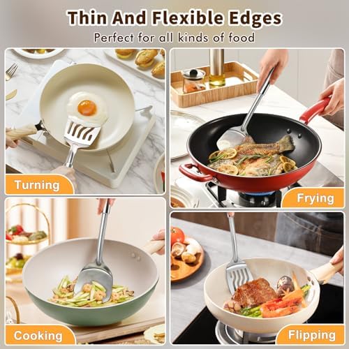 2 Pcs Stainless Steel Spatulas Set, Metal Spatula Solid & Slotted Turner, Heavy Duty Sturdy Spatula for Kitchen Use, High Heat Resistant Cooking Utensils for Fish Eggs Pancakes, Easy to Clean, Silver