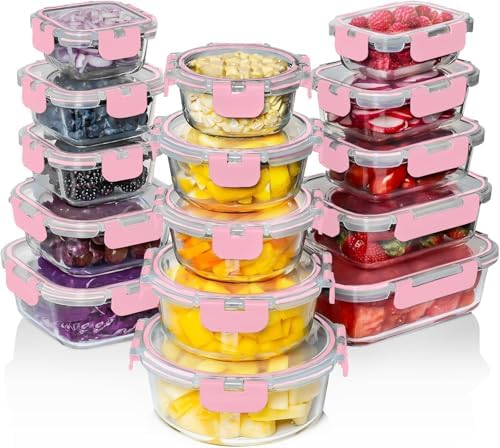 Razab 30 PC Glass Food Storage Containers with Lids - Reusable Glass Meal Prep Containers for Lunch and Leftovers - Airtight & Leakproof Snap Locking Lids - Oven, Freezer, Microwave, Dishwasher Safe