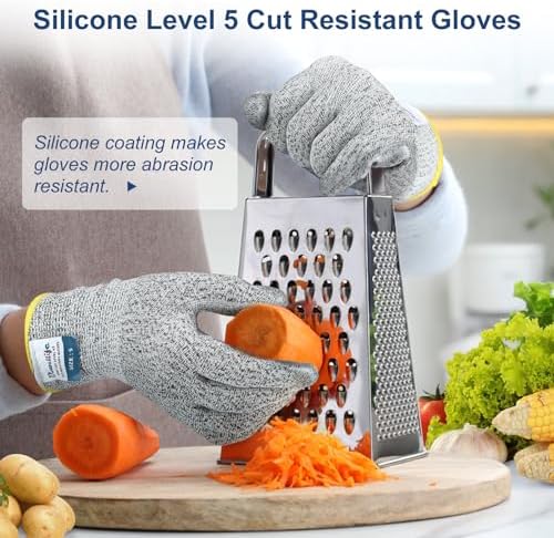 Dowellife Level 5 Cut Resistant Gloves with Silicone Coating, Food Grade Kitchen Knife Safety Gloves, Work Gloves for Chef, Mandoline Oyster Shucking Meat Cutting Wood Carving (Gray Large), Grey